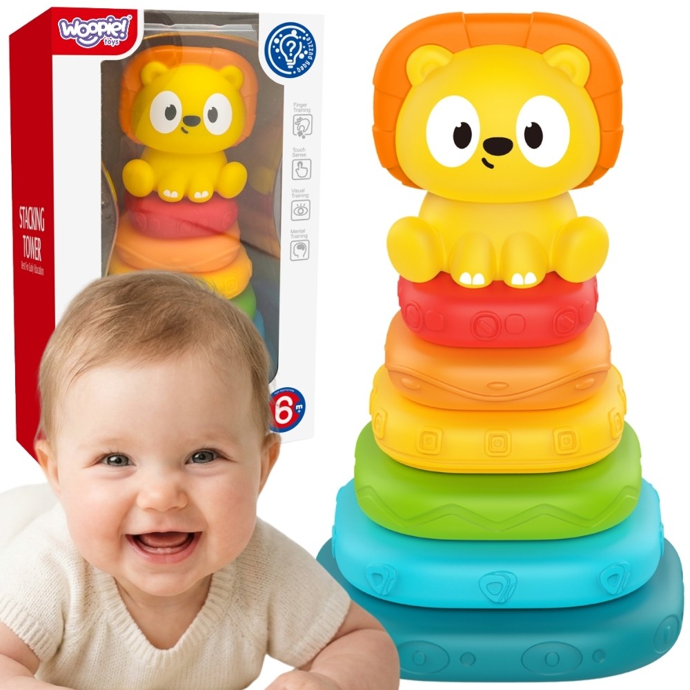 1-WOOPIE BABY Piramidka Sensoryczna Wieża Układanka Lew 6m+-1