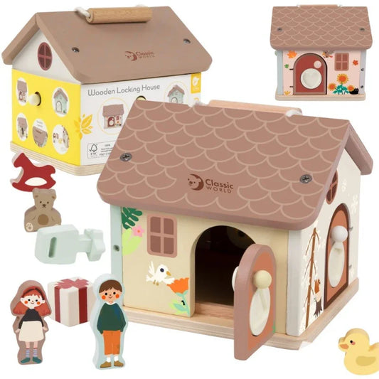 CLASSIC WORLD drewniany domek sensoryczny edukacyjny z zamkami kluczykami 11 el - zabawki-dla-dziewczynki