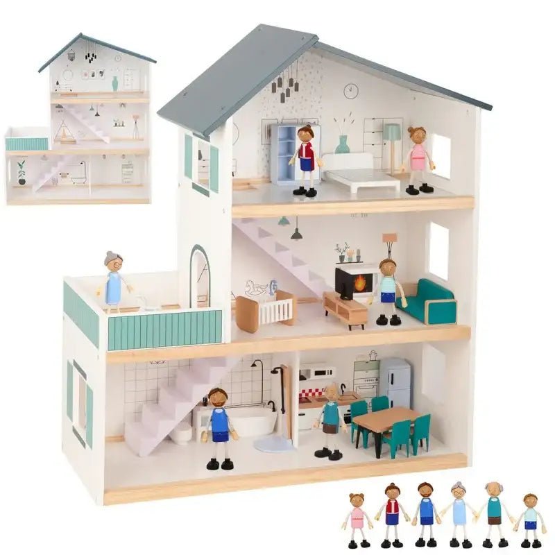 TOOKY TOY duży drewniany domek dla lalek z figurkami FSC - zabawki-dla-dziewczynki