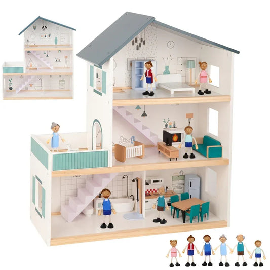 TOOKY TOY duży drewniany domek dla lalek z figurkami FSC - zabawki-dla-dziewczynki