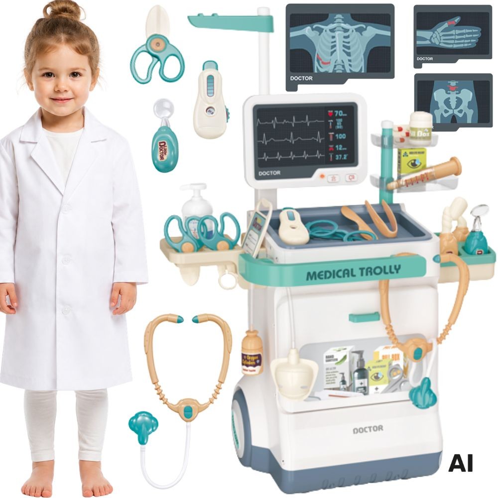 1-WOOPIE Wózek Lekarski Zestaw Mały Doktor EKG Dźwięk Światło Regulowany 26el-1