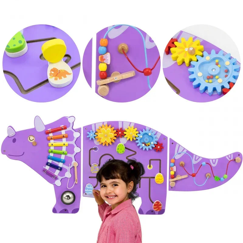 VIGA Drewniana Tablica Sensoryczna Manipulacyjna EDU Triceratops - zabawki-dla-dziewczynki