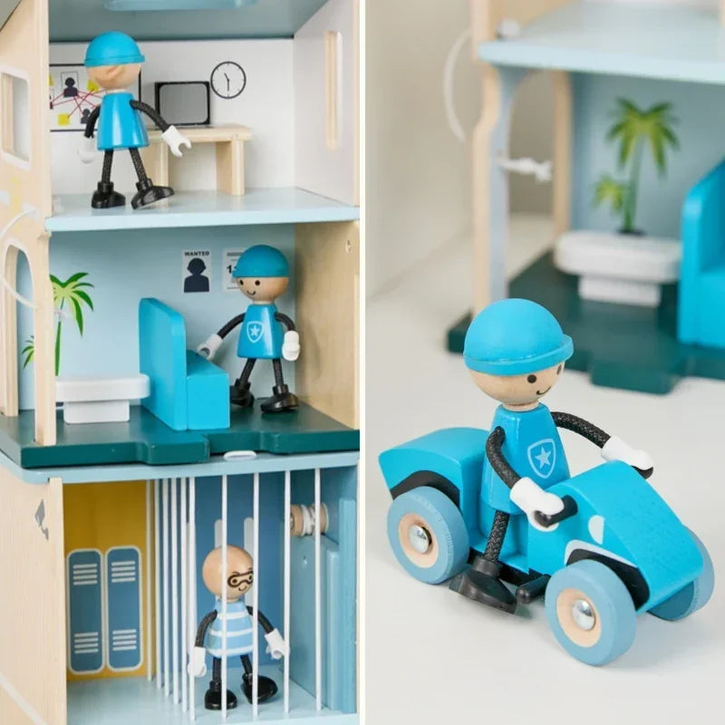 CLASSIC WORLD Posterunek Policji Drewniany Samochód Helikopter FIgurki 12el. - zabawki-dla-dziewczynki