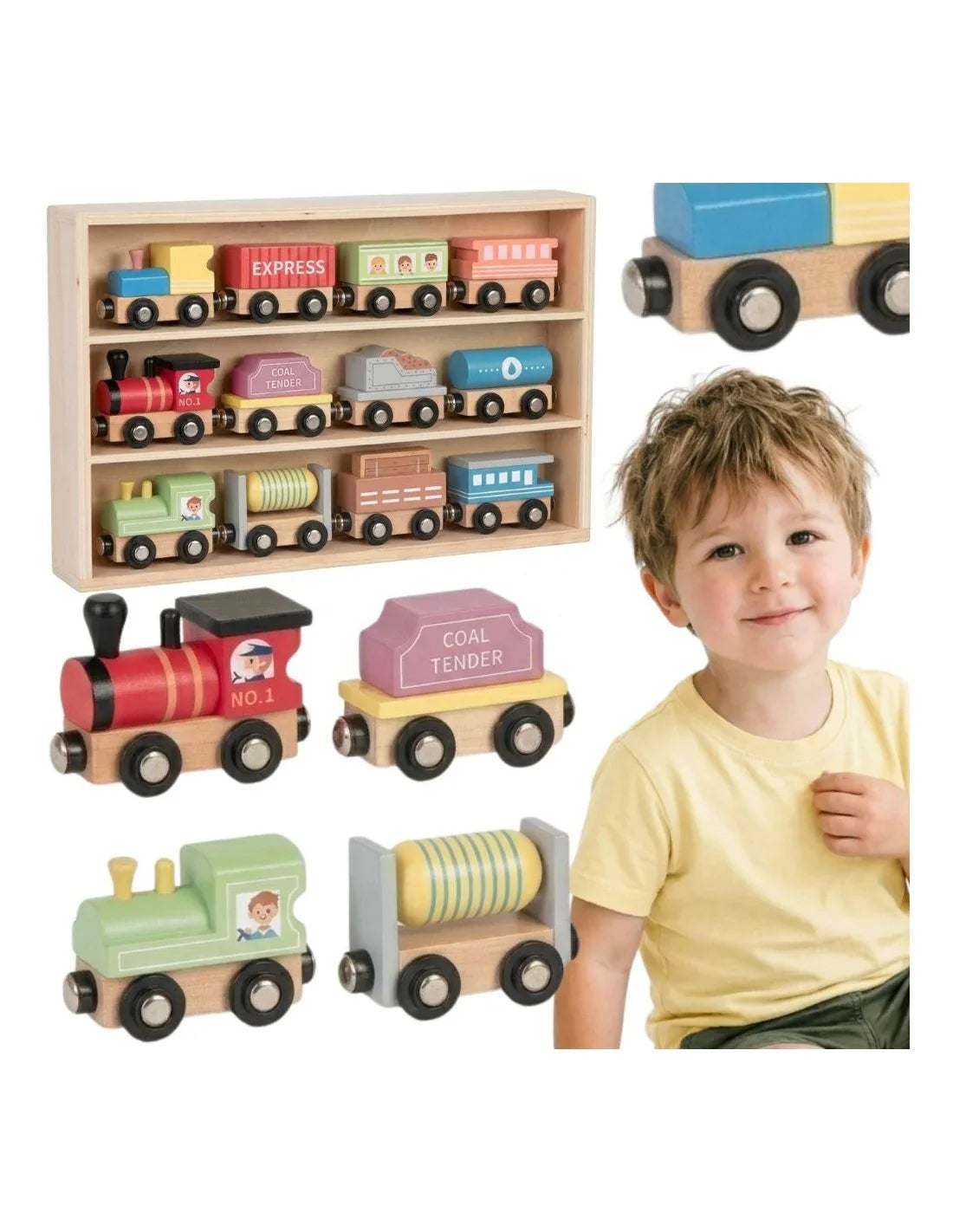 TOOKY TOY drewniane wagoniki na magnes dla dzieci – edukacyjne pojazdy