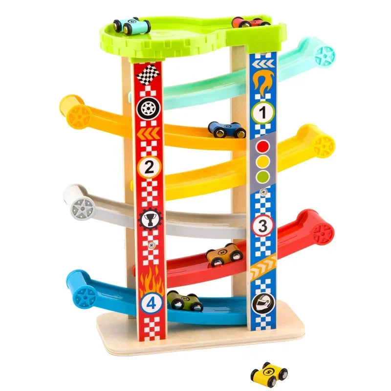 Drewniany kolorowy tor TOOKY TOY zjeżdżalnia dla samochodów dzieci - zabawki-dla-dziewczynki