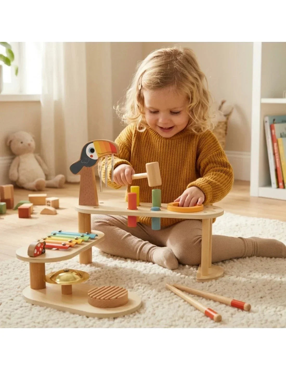 Drewniany stolik muzyczny Tooky Toy Tukan z instrumentami dla dzieci