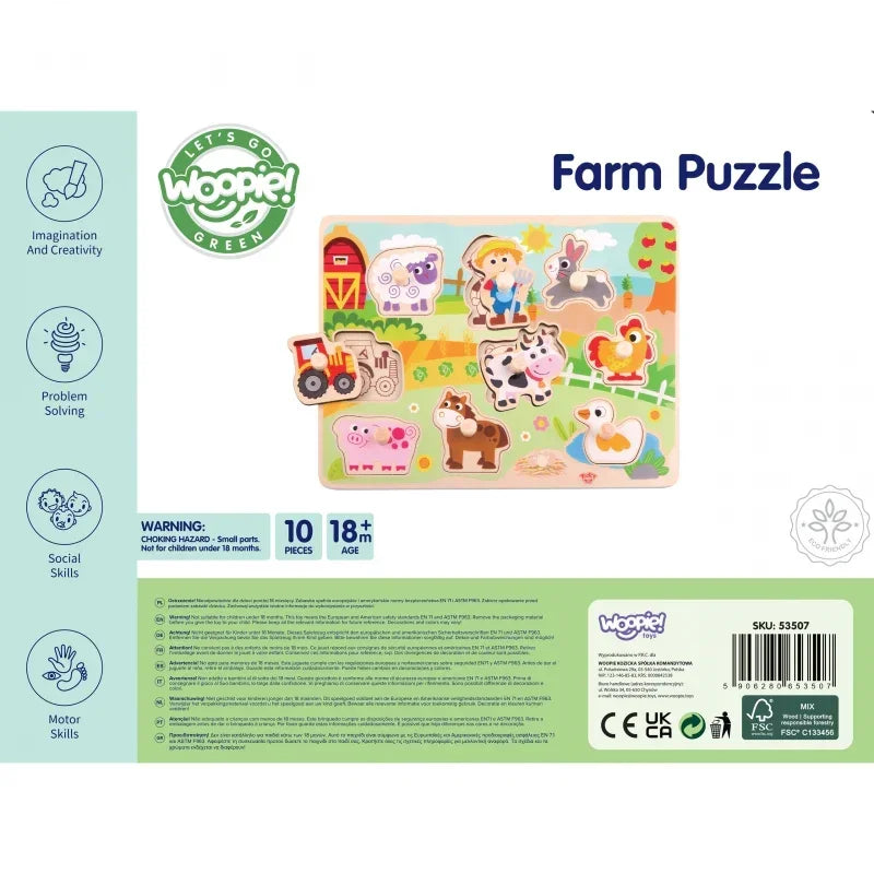 WOOPIE GREEN Drewniane Puzzle Montessori Farma z Pinezkami Do Dopasowania - zabawki-dla-dziewczynki