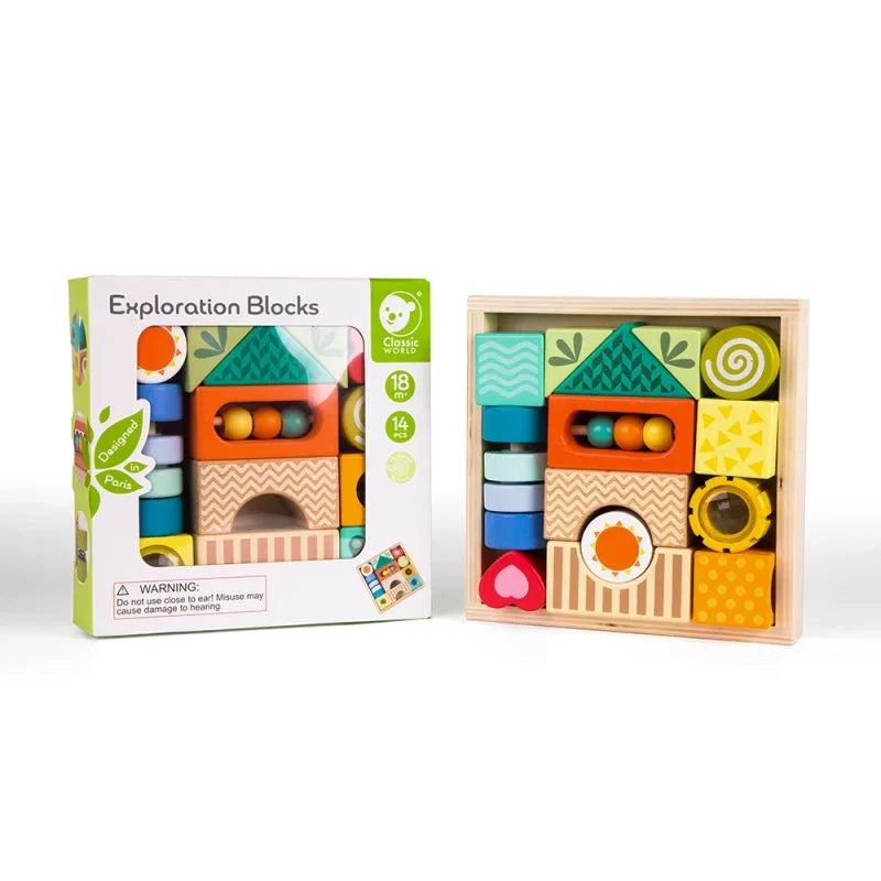 CLASSIC WORLD Drewniane Klocki Sensoryczne 7 Funkcji Układanka Multifunkcyjna Kształty Dźwięk MONTESSORI 14 el. - zabawki-dla-dziewczynki