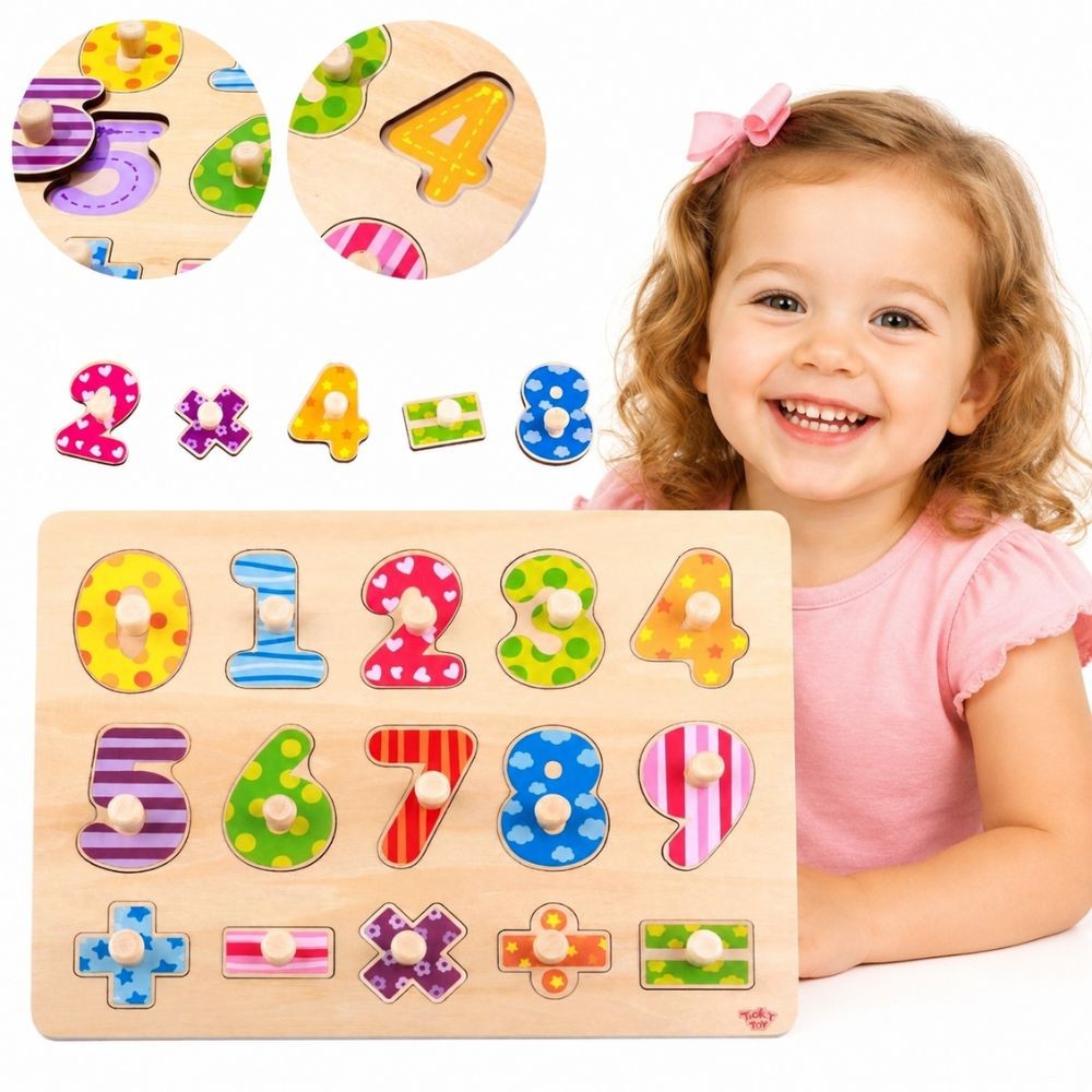 1-TOOKY TOY Drewniane Puzzle Nauka Liczenia Układanka Z Pinezkami Cyferki-1