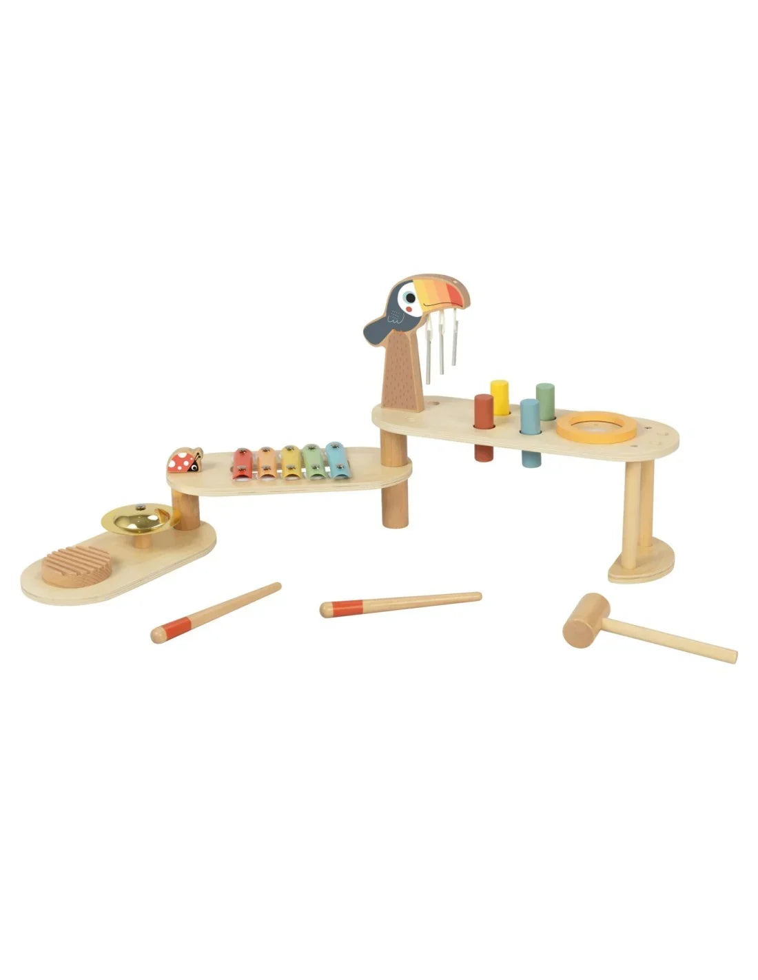 Drewniany stolik sensoryczny Tooky Toy Tukan z instrumentami muzycznymi