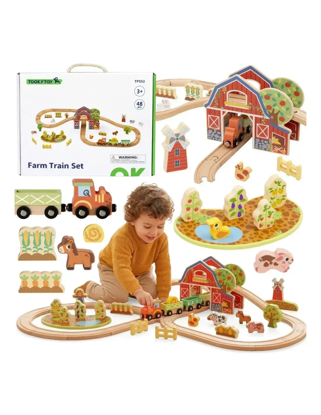 TOOKY TOY drewniana kolejka Farma 48 el. dla dzieci – zestaw tory i pociąg