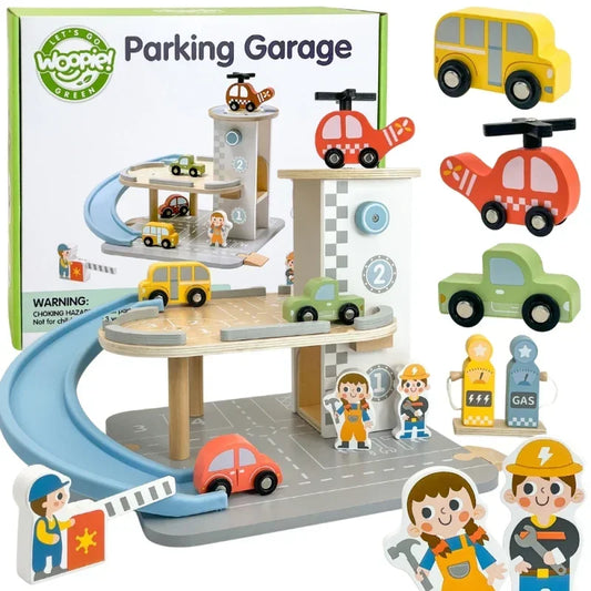 Drewniany parking WOOPIE GREEN 2w1 stacja benzynowa autka figurki dla dzieci - zabawki-dla-dziewczynki
