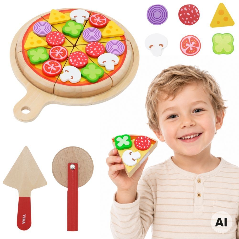 1-VIGA Drewniana Pizza Do Krojenia Zestaw kuchenny 27 el. Dla Dzieci 18M+-1