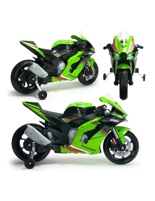 INJUSA Motocykl Kawasaki Ninja ZX R10 12V dla dzieci podczas jazdy na zewnątrz.