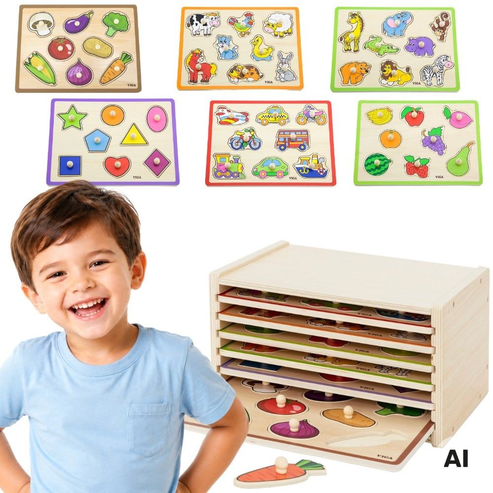 1-VIGA Drewniane Puzzle z Uchwytami i Półką 7 el.-1