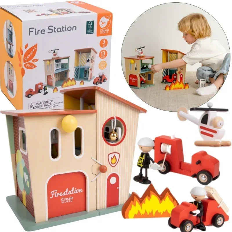 CLASSIC WORLD Remiza Strażacka Drewniana Garaż Auto Helikopter Figurki 13el. - zabawki-dla-dziewczynki