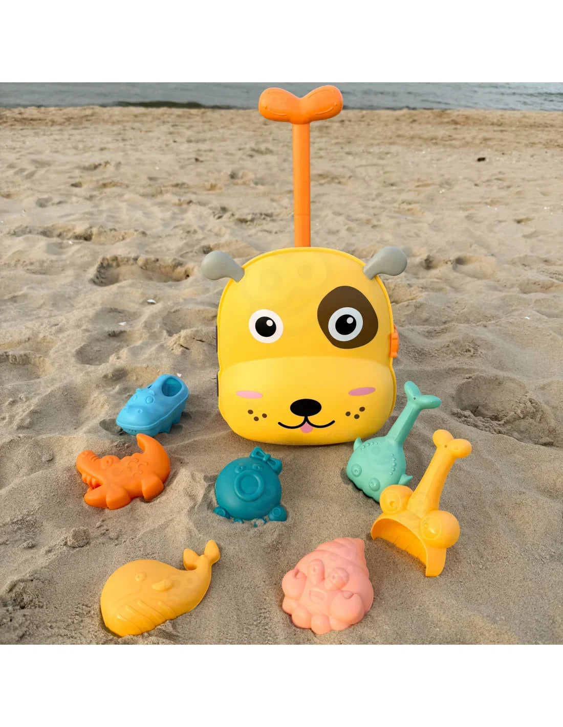 zabawki dla dziewczynki na plaży, kolorowa walizka piesek i foremki do piasku, kreatywna zabawki-dla-dziewczynki zabawa