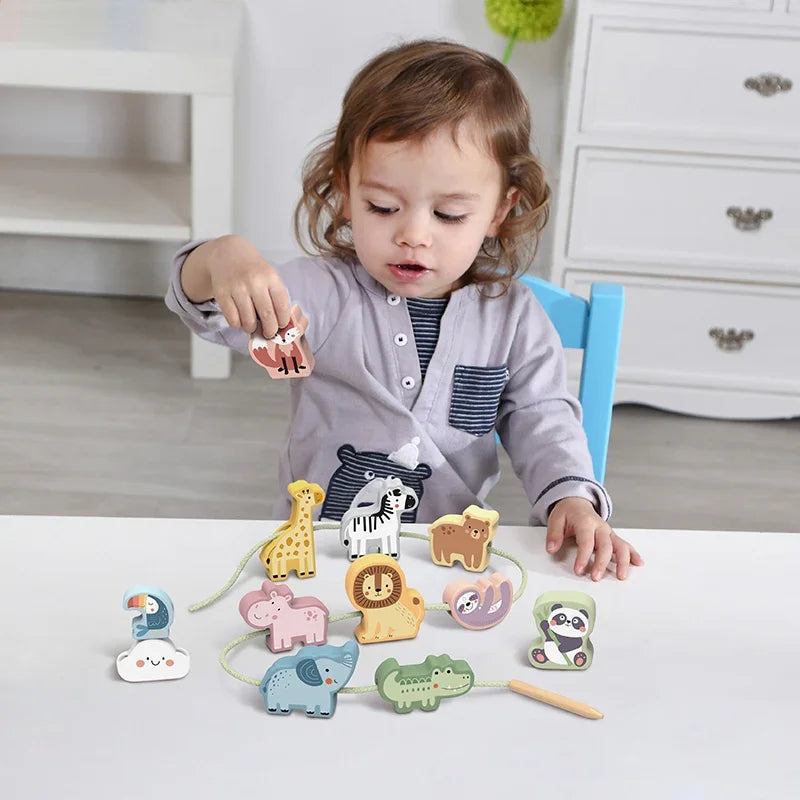 WOOPIE GREEN Drewniana Nawlekanka Klocki Przeplatanka ZOO Montessori 13 el. - zabawki-dla-dziewczynki