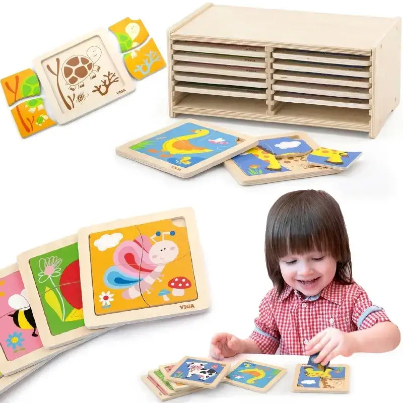 Drewniane puzzle VIGA 12 plansz zestaw edukacyjny w stojaku - zabawki-dla-dziewczynki