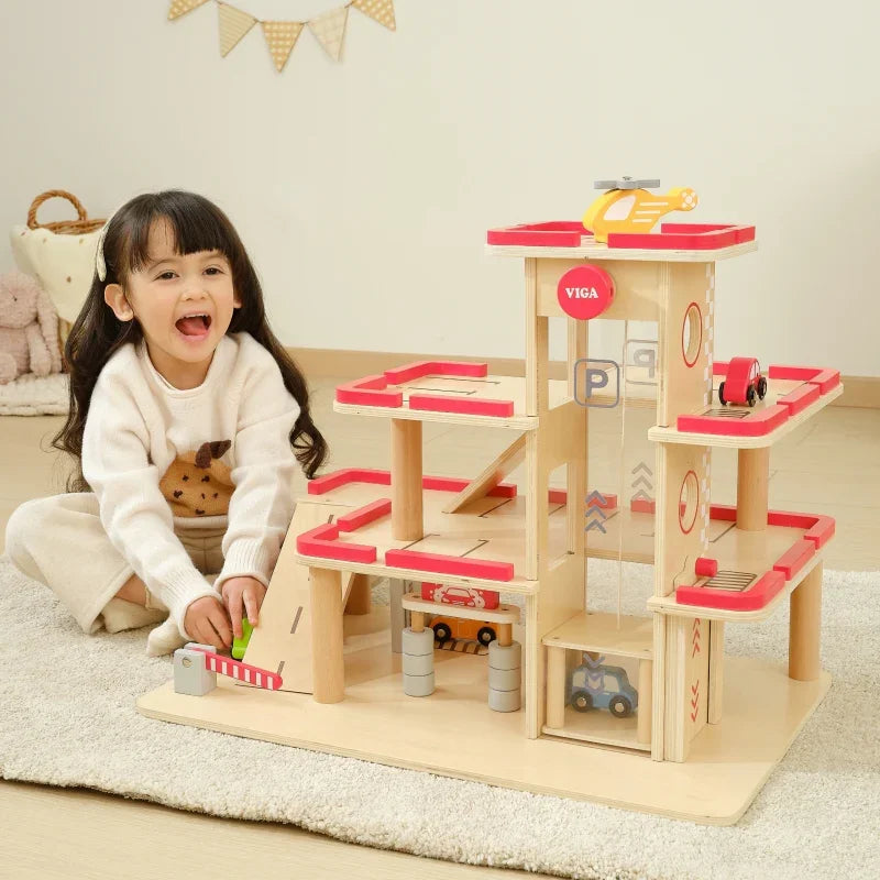 VIGA Drewniany Parking dla Samochodzików z Windą 4 Autka Helikopter - zabawki-dla-dziewczynki