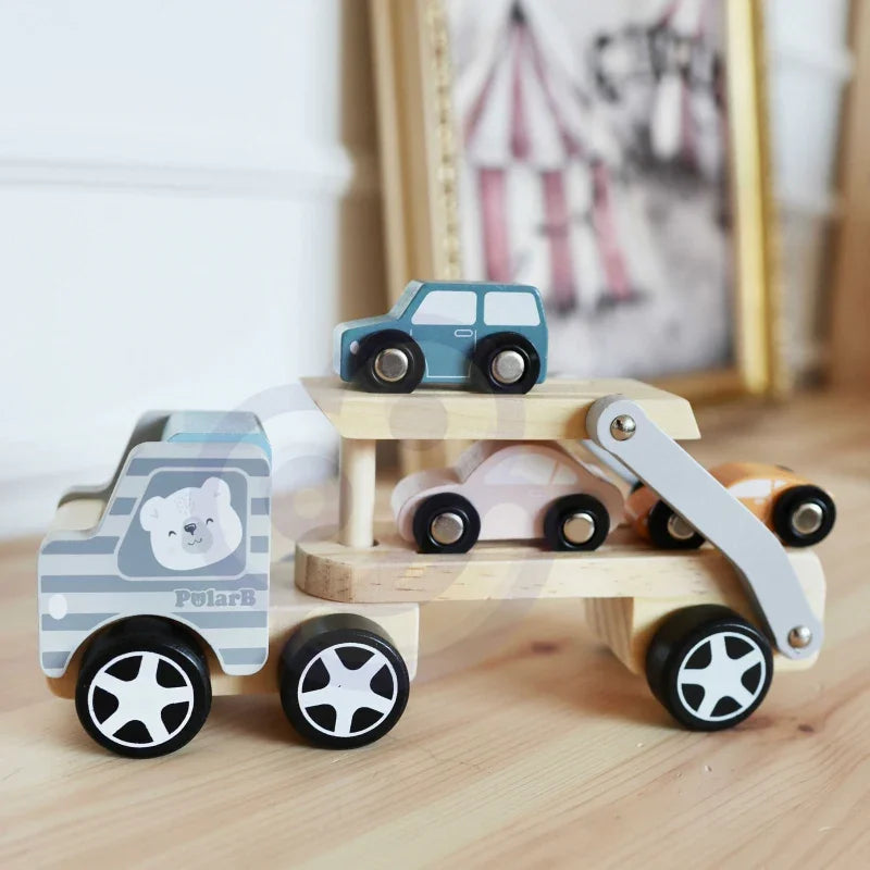 VIGA PolarB Drewniana laweta z samochodzikami Montessori - zabawki-dla-dziewczynki