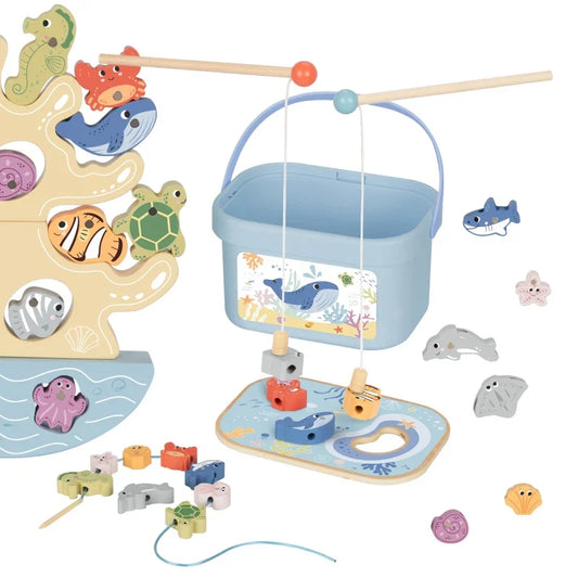TOOKY TOY Drewniany Zestaw Morskich Zabawek Wieża Balansująca Łowienie Ryb Figurki 23 Elementy - zabawki-dla-dziewczynki