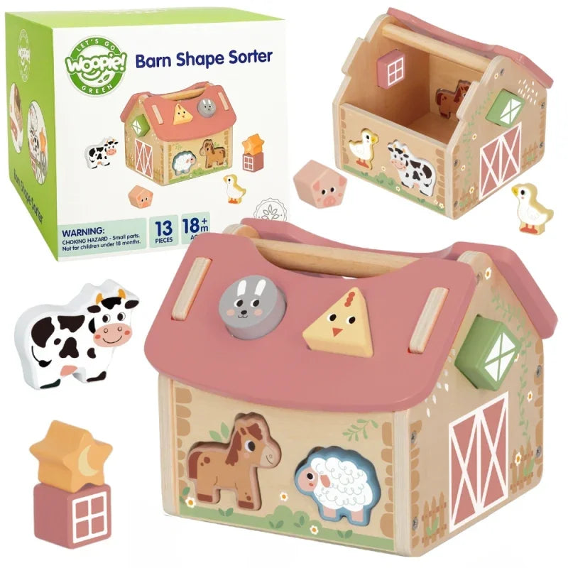 WOOPIE GREEN Drewniana Farma Sorter Kształtów i Kolorów 13 el. - zabawki-dla-dziewczynki