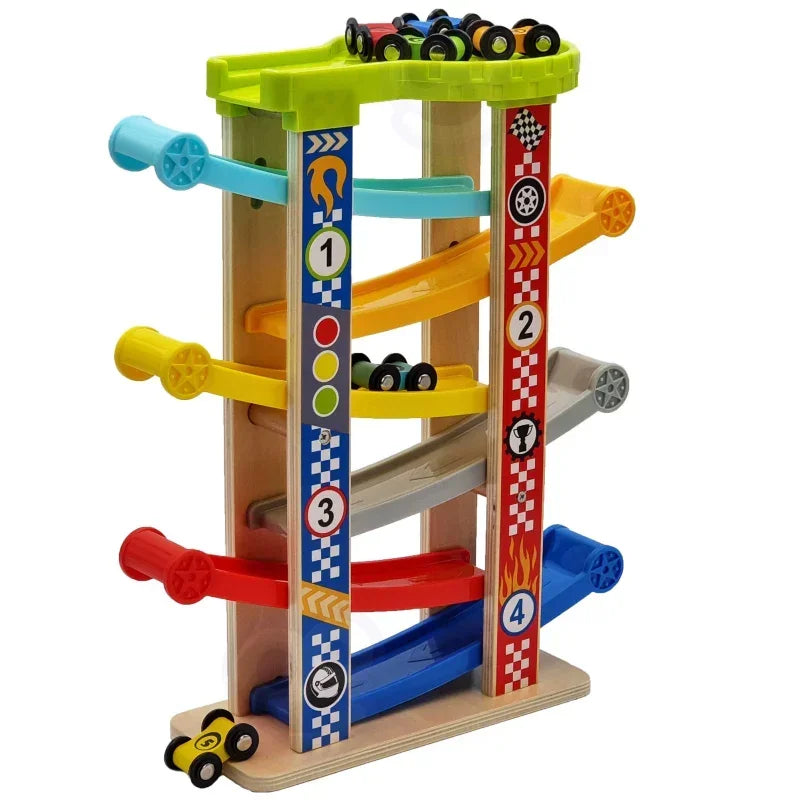 TOOKY TOY drewniany tor samochodowy zjeżdżalnia kolorowa zabawka- zabawki-dla-dziewczynki