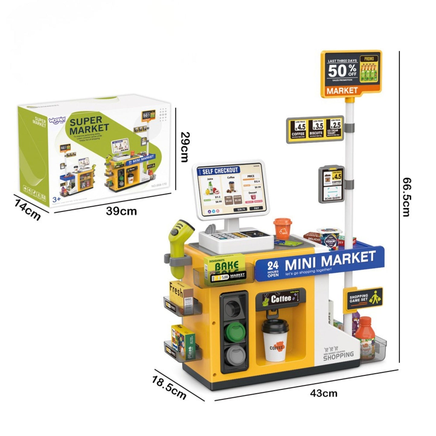 7-WOOPIE Sklep Mini Market Interaktywna Kasa Skaner Akcesoria Dźwięki Światło-7