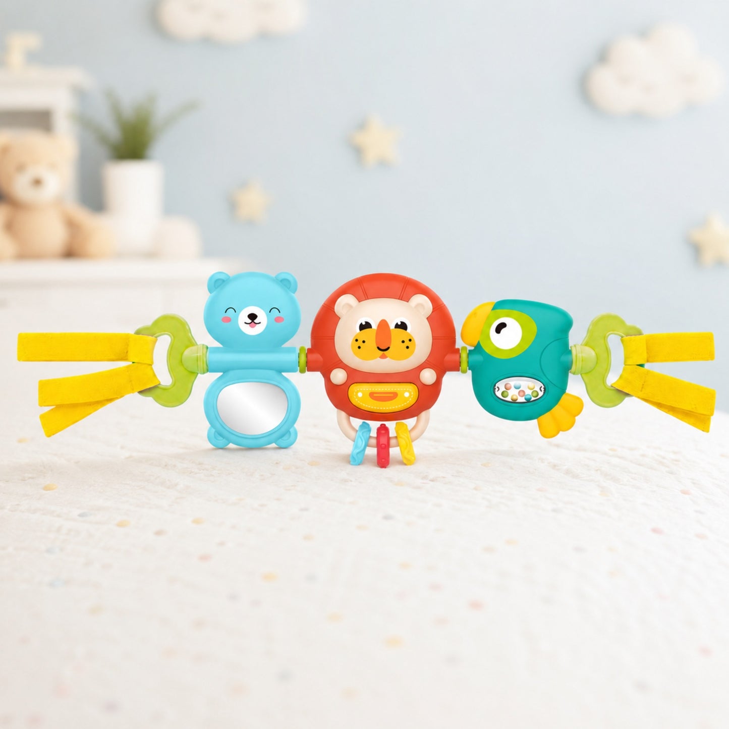 3-WOOPIE BABY Zawieszka Wózka Łóżeczka Sensoryczna Grająca Grzechotka Lusterko 6m+-3