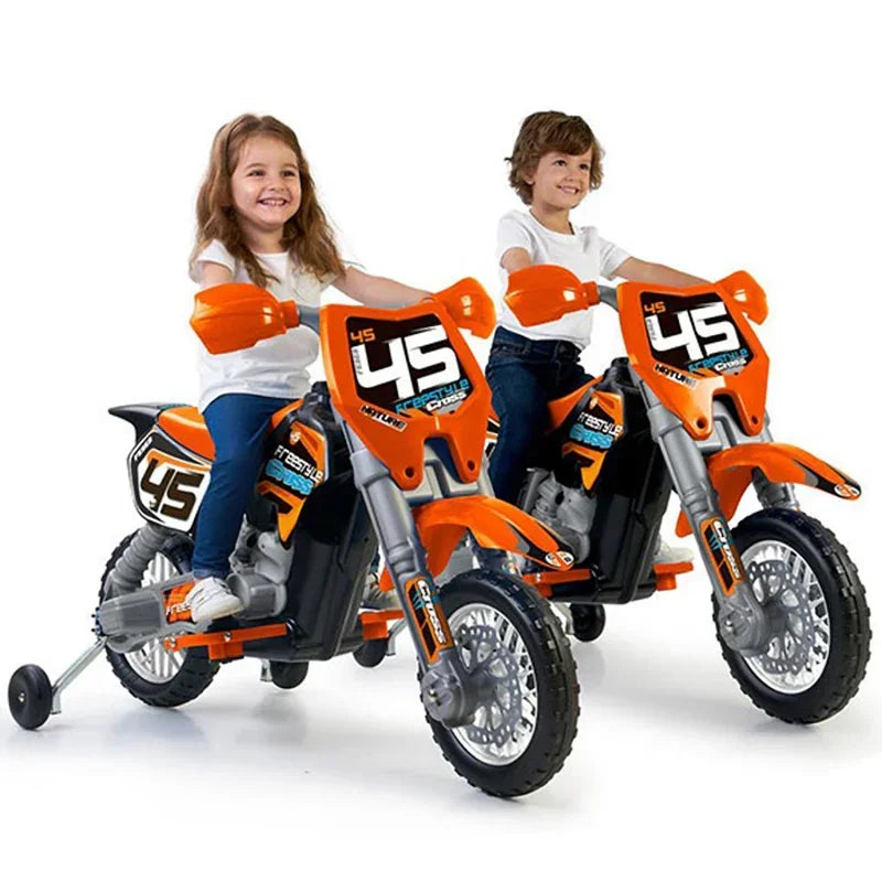 Motocykl elektryczny FEBER 6V cross pomarańczowy dla dzieci - zabawki-dla-dziewczynki