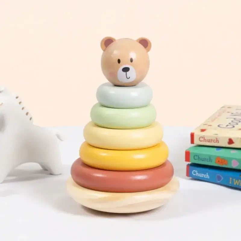 TOOKY TOY Drewniana Układanka Sensoryczna Piramidka Miś Kolorowy Stacker - zabawki-dla-dziewczynki