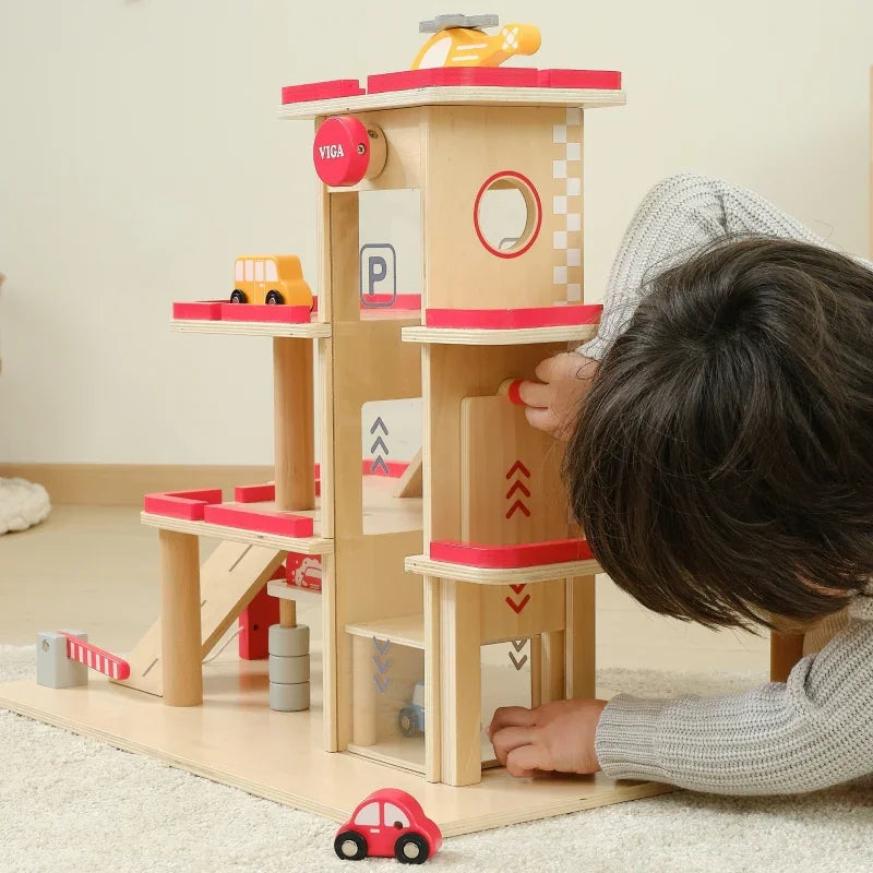 VIGA Drewniany Parking dla Samochodzików z Windą 4 Autka Helikopter - zabawki-dla-dziewczynki