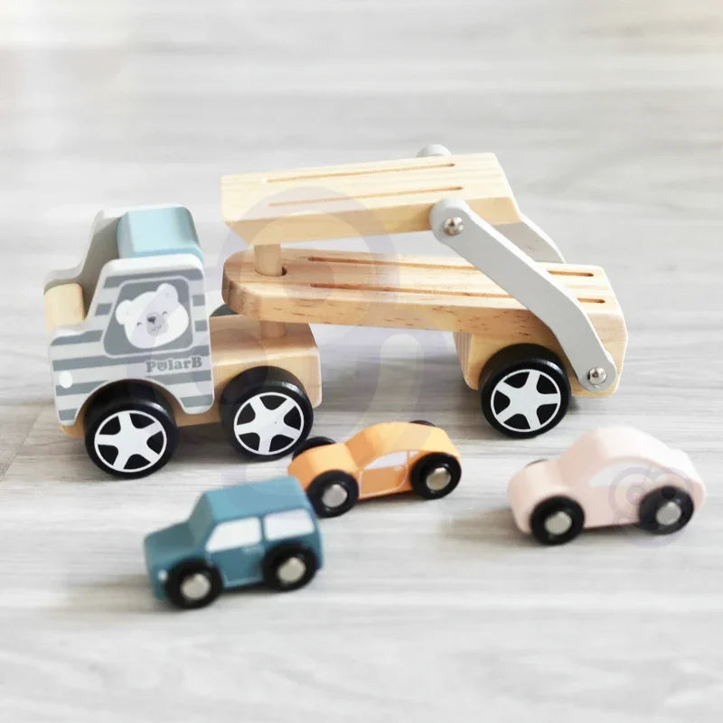 VIGA PolarB Drewniana laweta z samochodzikami Montessori - zabawki-dla-dziewczynki