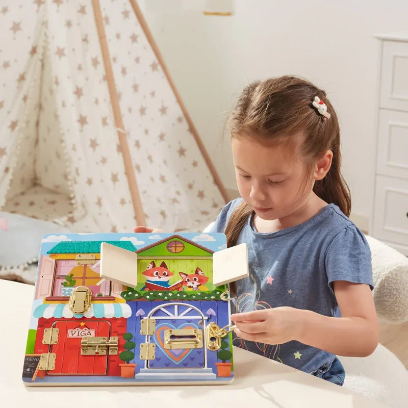 5-VIGA Drewniana Tablica Manipulacyjna Otwieranie Zamków i Zatrzasków Domek Montessori-5