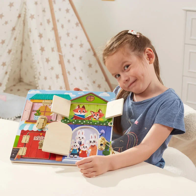 4-VIGA Drewniana Tablica Manipulacyjna Otwieranie Zamków i Zatrzasków Domek Montessori-4