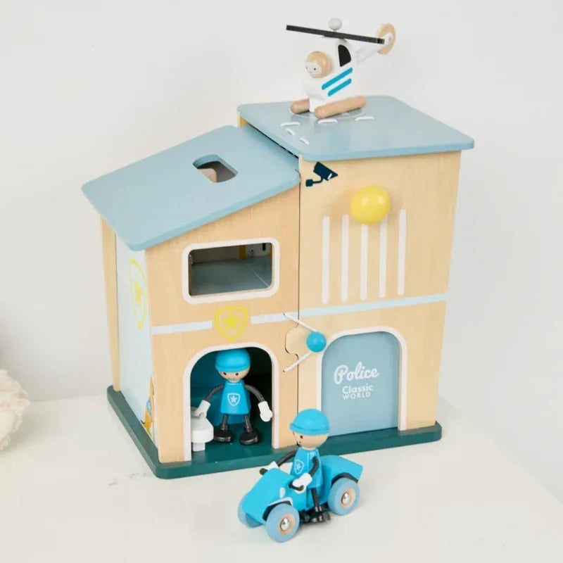CLASSIC WORLD Posterunek Policji Drewniany Samochód Helikopter FIgurki 12el. - zabawki-dla-dziewczynki