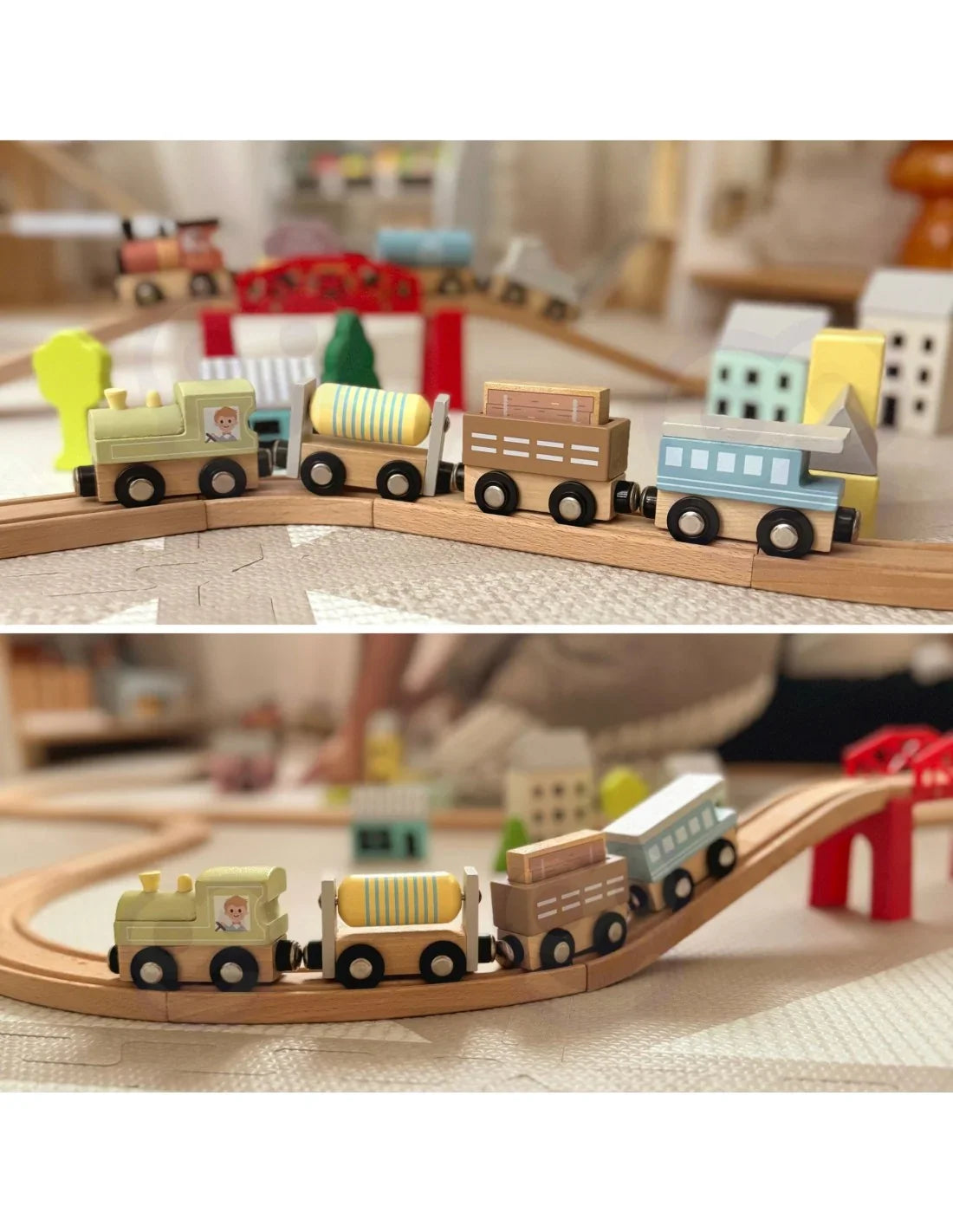 Tooky Toy drewniane pojazdy kolejka z wagonikami na magnes