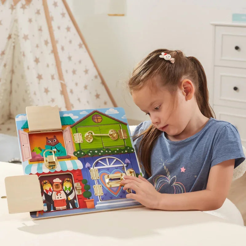 6-VIGA Drewniana Tablica Manipulacyjna Otwieranie Zamków i Zatrzasków Domek Montessori-6