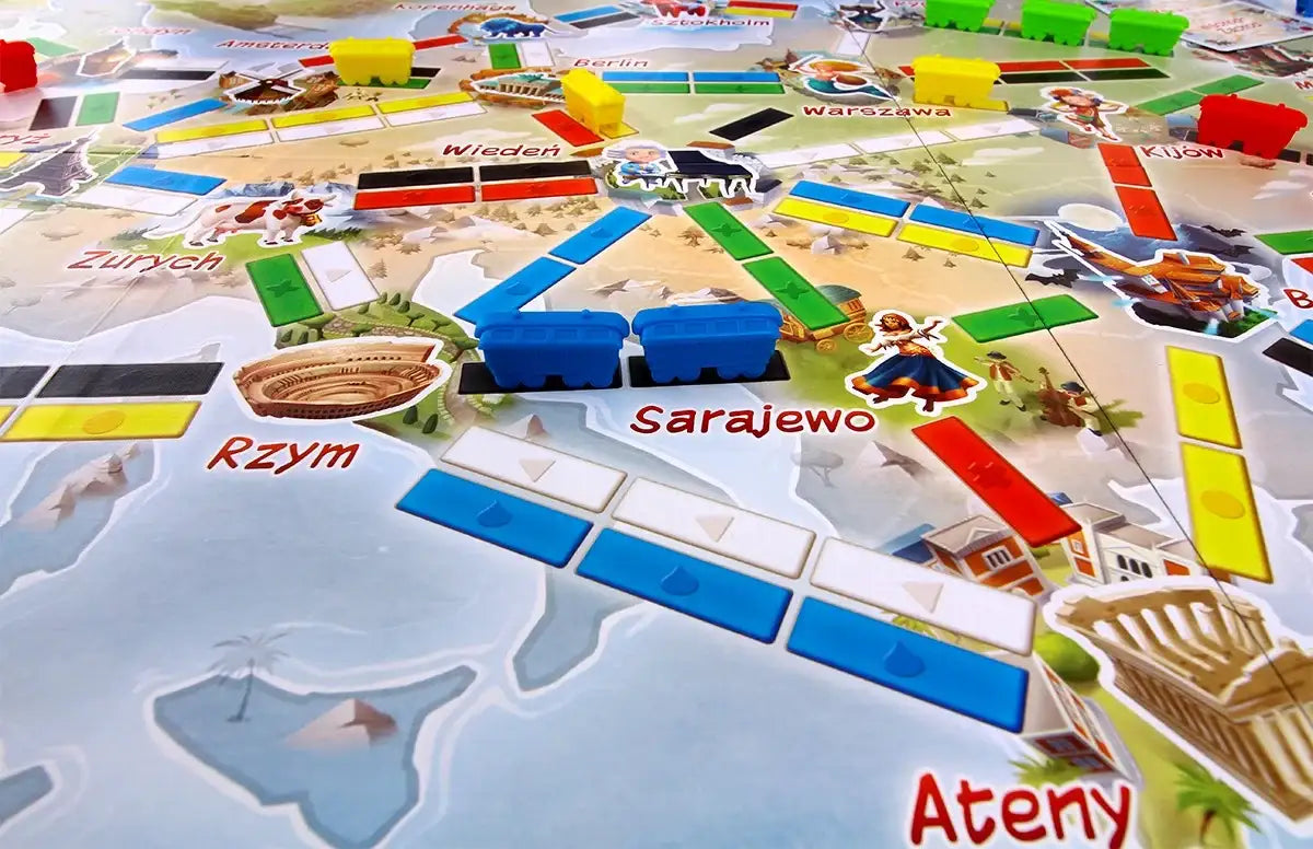 Gra kolejowa dla dzieci z kolorowymi pociągami i mapą
