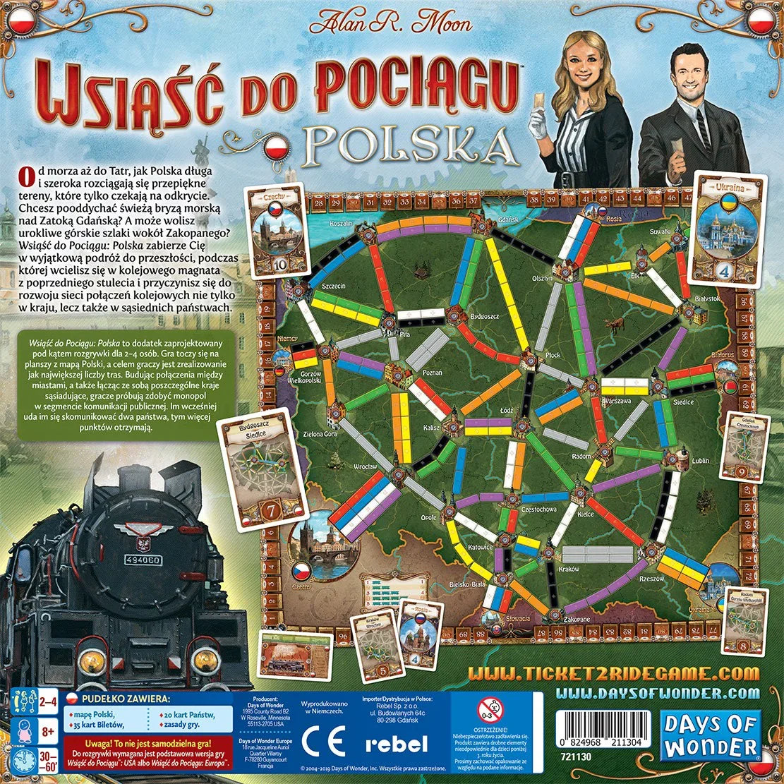 Gra planszowa „Wsiąść do pociągu” z mapą tras kolejowych i kolorowymi wagonami.