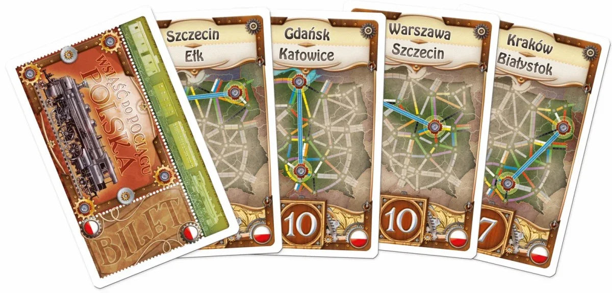 Strategiczna gra planszowa „Wsiąść do pociągu” polegająca na budowaniu połączeń kolejowych między miastami.