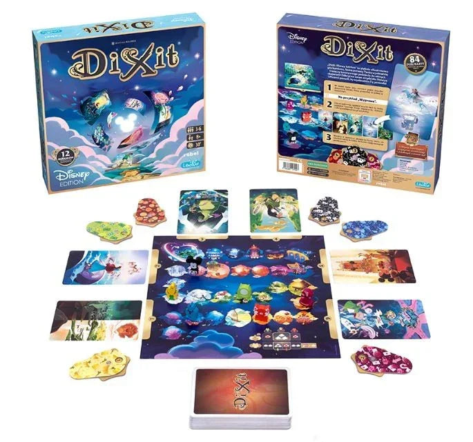 Gra planszowa Dixit Disney, kolorowa plansza, karty i elementy gry, zabawki dla dziewczynki