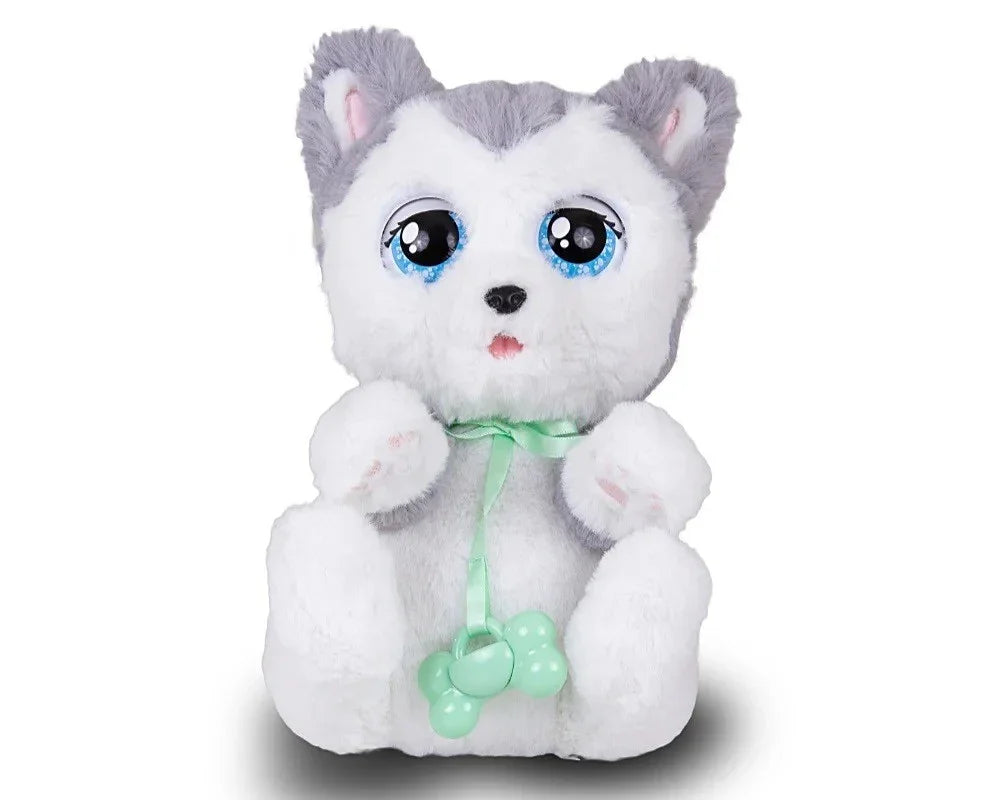 Pluszowy biało-szary piesek z dużymi, niebieskimi oczami, zabawka dla dziewczynki  - zabawki-dla-dziewczynki