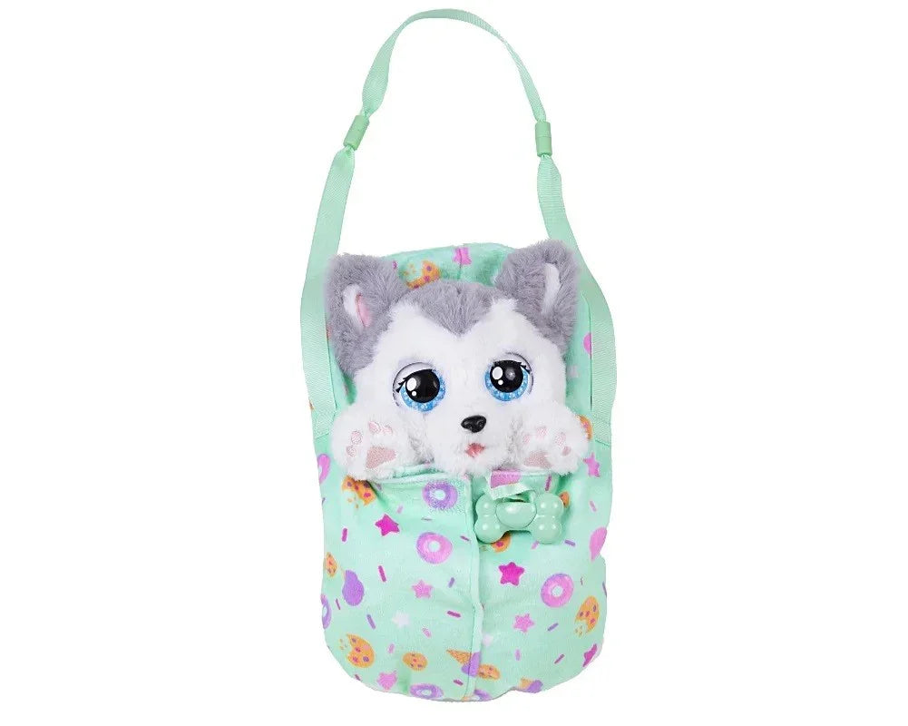 Pluszowy piesek zabawka dla dziewczynki w miętowej torbie z kolorowym wzorem  - zabawki-dla-dziewczynki