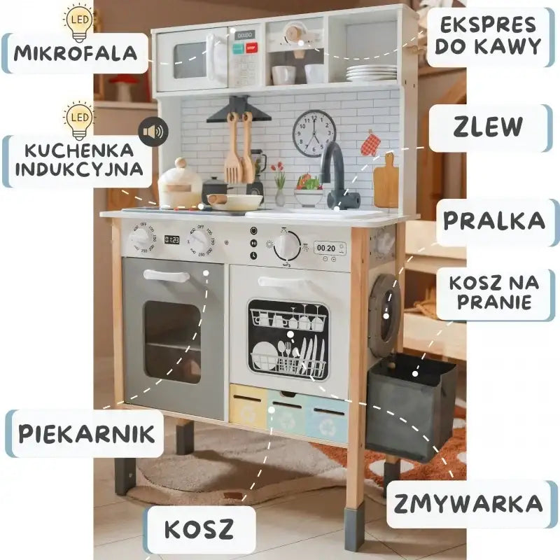 drewniana kuchnia WOOPIE GREEN z pralką i tablicą - zabawki-dla-dziewczynki