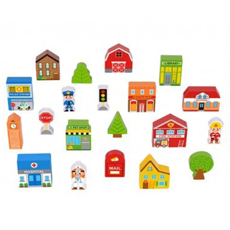 TOOKY TOY Drewniany Zestaw Budynków i Figurek Miasto - zabawki-dla-dziewczynki