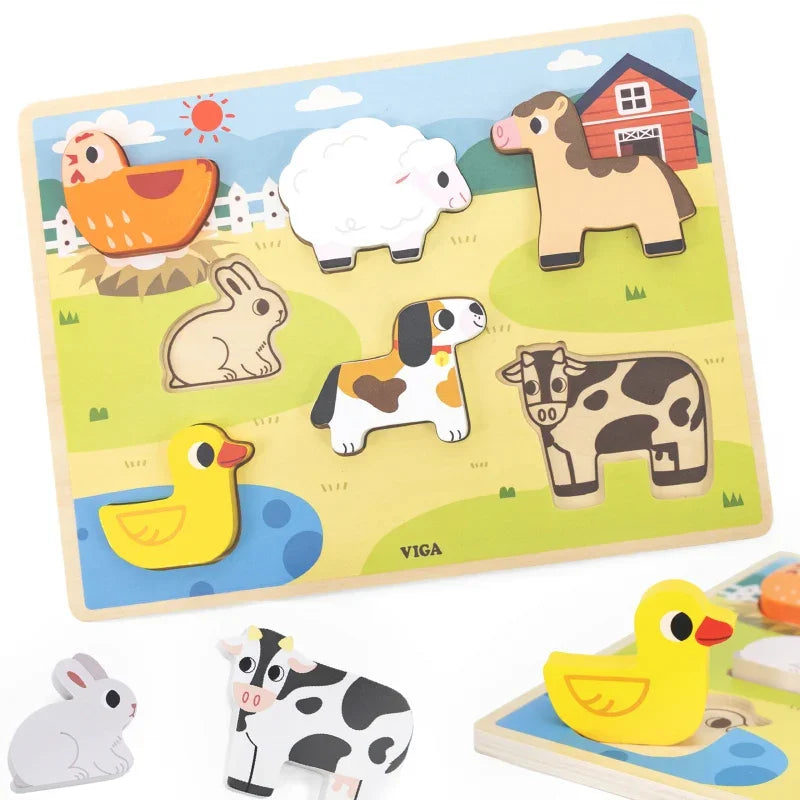 VIGA Drewniane Puzzle Układanka Montessori 2w1 Figurki Farma - zabawki-dla-dziewczynki