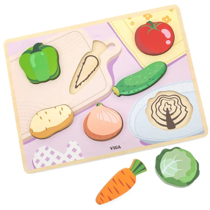 VIGA Drewniane Puzzle Układanka Montessori 2w1 Figurki Warzywa - zabawki-dla-dziewczynki