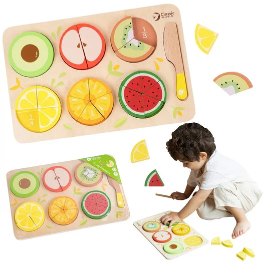 CLASSIC WORLD Drewniane Owoce do Krojenia na Rzepy + Nauka Ułamków i Dzielenia MONTESSORI 23 el. - zabawki-dla-dziewczynki